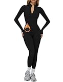 AEEZO Womens Fleece Lined Built-In Bra Workout Jumpsuits Zip Up Thermal Yoga Rompers Sexy One Piece Bodycon Romper