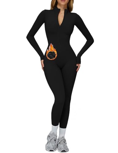 AEEZO Womens Fleece Lined Built-In Bra Workout Jumpsuits Zip Up Thermal Yoga Rompers Sexy One Piece Bodycon Romper by AEEZO - Used condition - Image 2