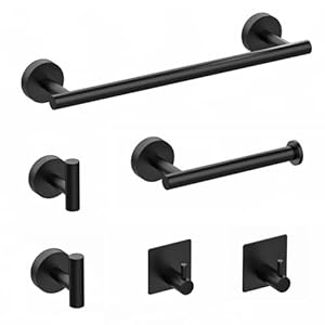 6 Piece Matte Black Bathroom Accessories Set, SUS 304 Stainless Steel Round Towel Ring Wall Mounted Includes 16″ Towel Rail, Toilet Paper Holder, 4 Towel Hooks Bathroom Accessories Kit (Black)