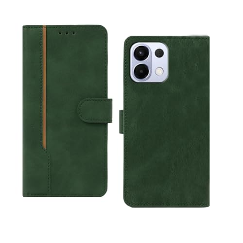 Image of amazon basics Oppo K13 5G Flip Cover | Card Pockets Wallet & Stand | Flip Cover for Oppo K13 5G (Green with Beige Strip)