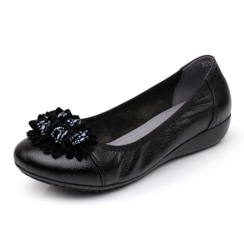 Women's Mom's Genuine Leather Ballet Flats, Sizes 9-10-11 Included, Wide Fit Available, Floral/Bow/Leaf Ornaments, Non-Slip Rubber Sole, Comfortable Slip-On for Seniors