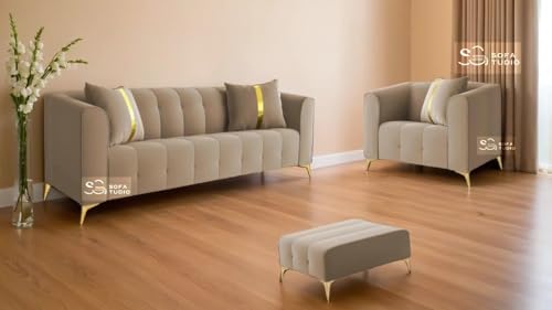 Image of Chesterfield Velvet Upholstery 3-Seater with Armchair and Footrest, Design in 3+1+Footrest Sofa for Living Room, Bedroom, Hallways (Tan Beige)