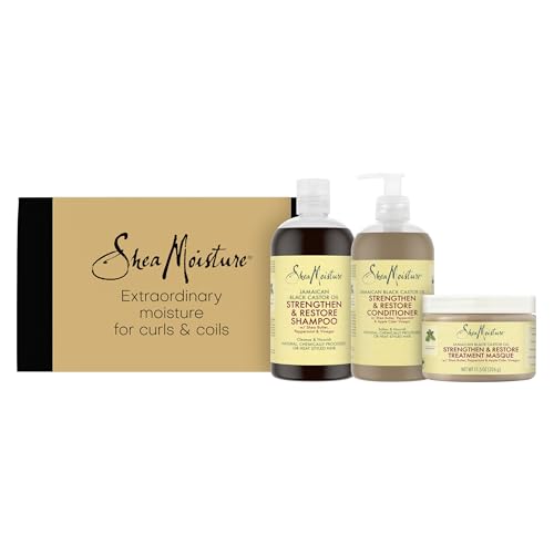 SheaMoisture Set de Regalo Strengthen & Restore, Champú, Acondicionador y Mascarilla, Pelo Tratado y Debilitado, Aceite de Ricino Negro Jamaicano y Manteca de Karité, 384 ml + 384 ml + 355 ml