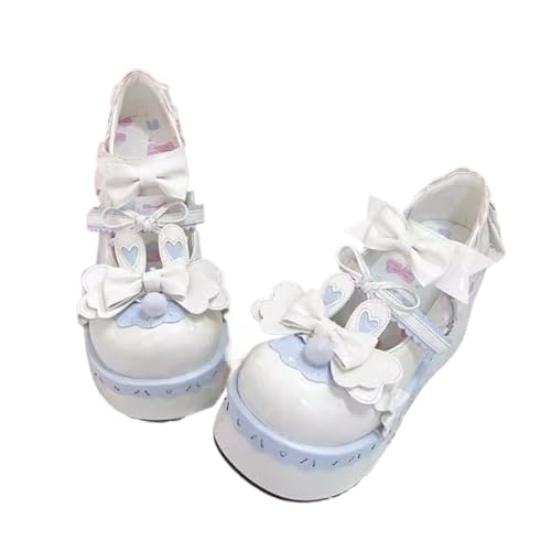 ZQW Kawaii Platform Mary Janes Shoes for Women Cute Bunny Ear Bow Lolita JK Uniform Chunky Wedges Heel Cosplay Party Dress