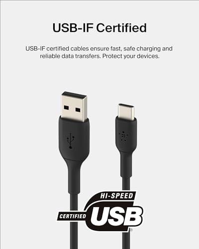 Image of Belkin BoostCharge USB-C Cable to USB-A Cable (2M /6.6ft) for iPhone 16, iPhone 16 Pro, Samsung Galaxy S25, S24, Pixel 9, iPad Pro, Nintendo Switch 2, Carplay & More - Black (2-Pack)