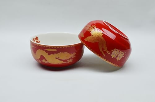 Image of Liang baobao Chinese Wedding Tea Gift 2 Set Bowl Spoon Porcelain Dragon and Phoenix for Adults Men Women Couple Wedding Party (4 /set dragon phoenix double happiness)