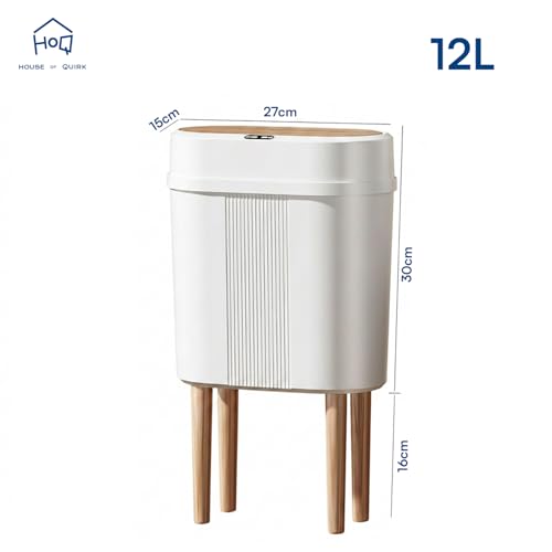 Image of House of Quirk 12L Trash Can with Lid & 4-Leg Stand | Slim Modern Plastic Dustbin for Bathroom, Kitchen & Bedroom | Durable Oval Waste Bin (Grain White)