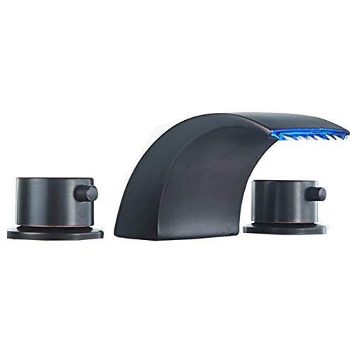 Bathadore Waterfall Bathroom Faucet Oil Rubbed Bronze Widespread for Sink 3 Hole Modern LED Light Parts 2 Handle Contemporary Vanity Faucets Brass with Water Supply Lines Commercial