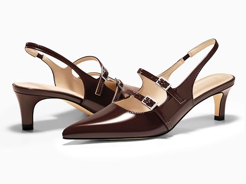 Coutgo Womens Slingback Kitten Heels Mary Jane Pumps Closed Pointed Toe Buckle Strap Wedding Dress Shoes 6