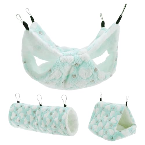 RENEWREVITAL Ferret Hammock, Small Pet Cage Accessories, Ferret Bed, Pet Cage Hammock Hanging Tunnel and Bed Hideout Set for Hamster Squirrel Rabbit, Green, 3Pcs