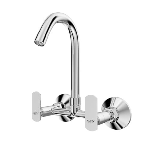 Image of Gloxy Premium Brass 2 in 1 Water Faucet with 360 Swivel Spout - Chrome Finished Wall Mount Hot & Cold Heavey Water Mixer Faucet with Riva Levers for Bathroom & Kitchen - 10 Years Warrenty