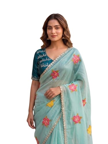 Image of Handcrafted Floral Embroidered Saree with Contrast Blouse
