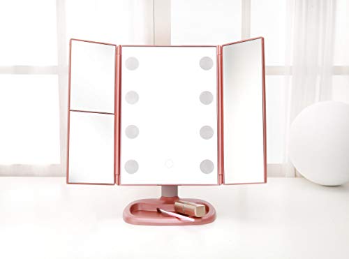 Miss Sweet Big Bulb Tri-fold Makeup Mirror Vanity Mirror with 1X/2X/3X Magnification (Rose Gold)