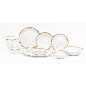 White and Gold Dinnerware Set – 57 Piece Vintage Porcelain Floral Ornament Design Tableware Setting for Every Day and Formal Occasions Service for 8