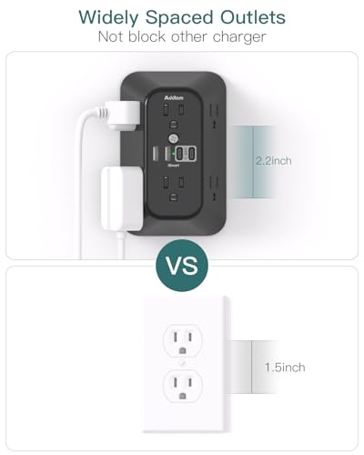 Image of Addtam 6-Outlet Extender Surge Protector, Multi Plug Wall Outlet with 4 USB Wall Charger(2 USB C Ports), Plug Extension Outlet with 1800J, Outlet Splitter Power Strip for Home Office, 2 Pack, Black