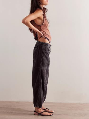 chouyatou Women's Y2k Baggy Barrel Jeans Drawstring Waist Boyfriend Wide Leg Loose Capri Denim Pants with Pockets4