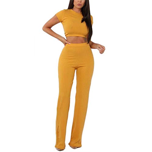 Image of Women's 2 Piece Outfits Set Ribbed Short Sleeve Casual Crop Top Wide Leg Pants Suit Set