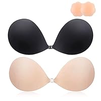 MINIYA 2025 Push Up Sticky Bra, 2 Pack Reusable Adhesive Invisible Backless Strapless Bra (US, Cup Band, D, Nude+Black)