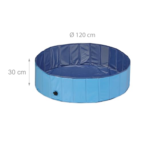 Relaxdays Hundepool, H x D: 30 x 120 cm, faltbar, mit Ablassventil, Hundeplanschbecken zur Abkühlung, PVC & MDF, blau