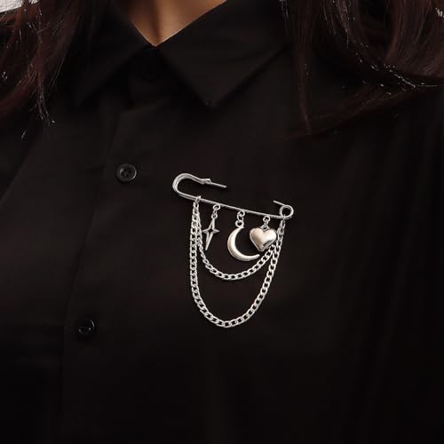 Image of Punk Gold Silver Star Moon Tassel Chain Brooch Sweater Shawl Clips Collar Pin for Women Safety Chain Tassel Broochs
