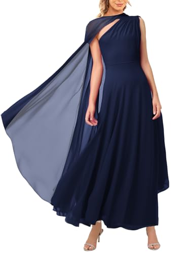 Image of Aisbei Women's Elegant One Shoulder A Line Flowy Maxi Dress Evening Gowns Party Formal Wedding Guest Dresses with Cape
