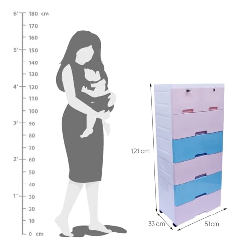 Image of The Tickle Toe Plastic Chest of 7 Drawers for Kids | Multipurpose Organizer with 2 Locks | Glossy Dresser for Clothes & Toys | Portable Cabinet | L51xW33xH121 cm | 5 Pink & 2 Blue Drawers