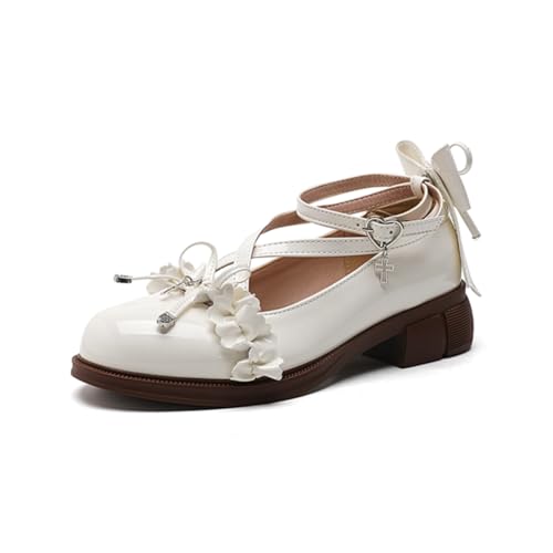 Cute Mary Jane Ballet Flats for Women Round Toe Cross Ankle Strap Adjustable Buckle Bow Studded Lolita Comfortable Shoes