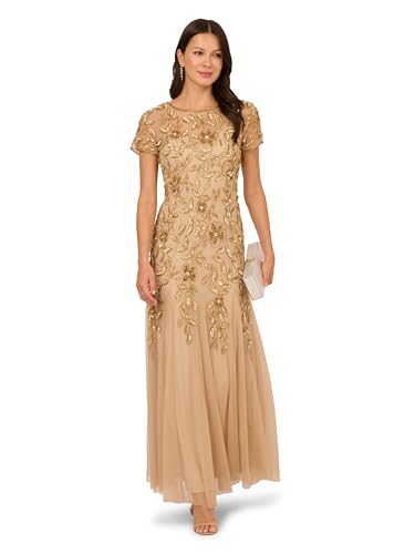 Image of Adrianna Papell Women's Beaded Gown with Godets - Floor Length Gown with Floral Embellishments & Cap Sleeves
