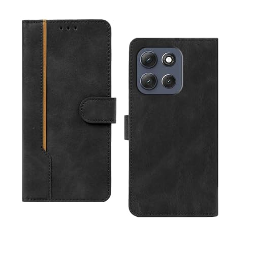 Image of amazon basics Moto G86 Power 5G Flip Cover | Card Pockets Wallet & Stand | Flip Cover for Moto G86 Power 5G (Black with Beige Strip)