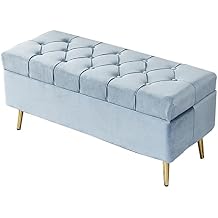 Storage Ottoman Foot Rest end of Bed Bench Luxurious Upholstery Storage Ottoman Bench,Rectangle End of Bed Bench,Modern Storage Bench Tufted Foot Rest Stool with Metal Legs for Bedroom-Blue