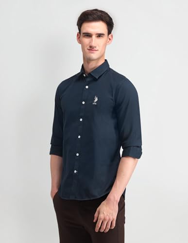 Image of U.S. Polo ASSN. Solid Slim Fit Shirts for Men - 100% Cotton, Full Sleeve Mens Casual Shirts