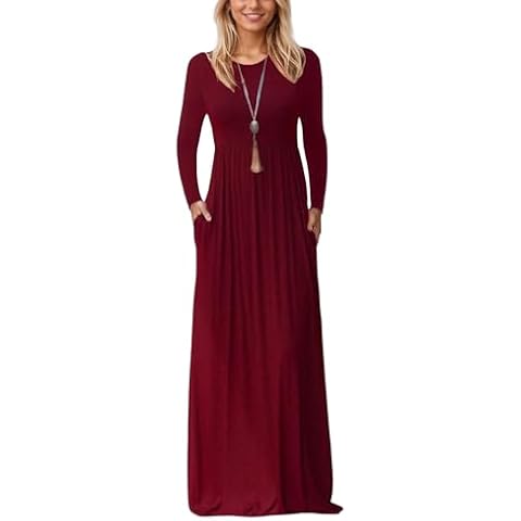 AURISSY Ladies Casual Trendy Going Out Long Sleeve Dress Cozy Cute Loose Fit Crewneck Maxi Dresses with Pocket Wine Red S Cover