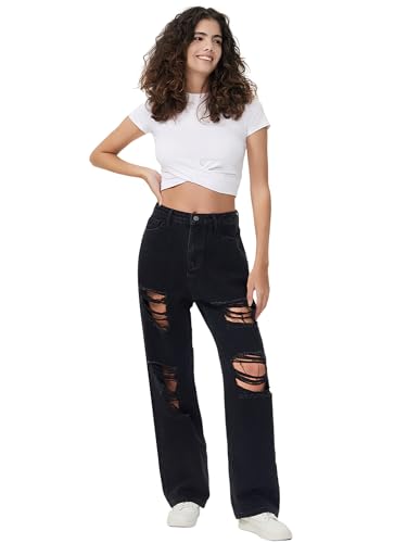 Genleck Women Loose Ripped Boyfriends Jeans High Waist Baggy Denim Pants Distressed Wide Leg Jeans Y2K2