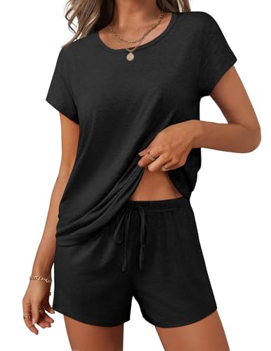 Ekouaer Women 2 Piece Pajamas Set Short Sleeve Comfy Lounge Set Round Neck Tops and Shorts Pjs with Pockets