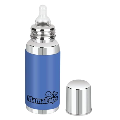 Image of MamaLaps Baby Feeding Bottle Stainless Steel with Advanced Anti Colic System, Bpa Free, Made with Ss304 Food Grade, Heat Protective Silicone Cover for Babies Tiny Hands (Blue), 250 Milliliters