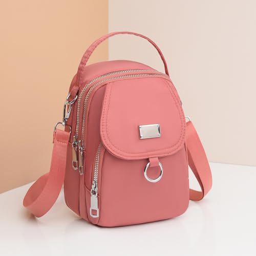 Mini mochila feminina, bolsa transversal de nylon impermeável com alça ajustável, mochila casual com vários bolsos, rosa