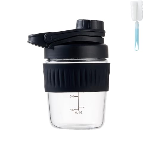 12oz Glass Shaker Bottle for Protein Small Borosilicate Glass Protein Powder Leak-Proof Shaker Cup Mixes with 304 Blending Ball(12oz Black)
