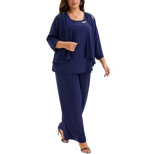 Plus Size Mother of Bride 3 Piece Chiffon Pantsuit Embroidered Lace Sequins Wedding Guest Formal Evening Attire3