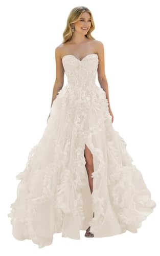 Women’s Tulle Prom Dresses Strapless Evening Party Gowns with Ruffles