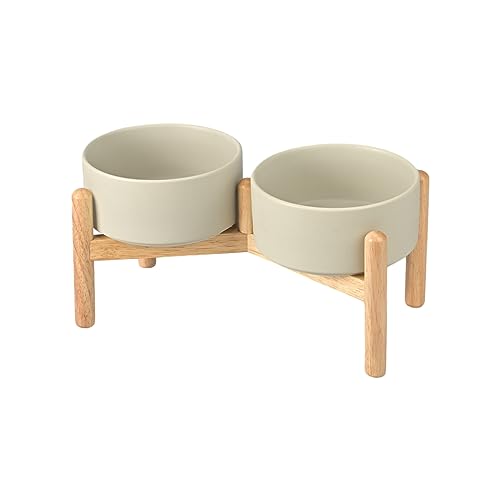 SPUNKYJUNKY Hundenapf Keramik Fressnapf Erhöhter Futternapf Wassernapf mit Bambus Ständer für mittelgroße und große Hunde (850ml, Grau)