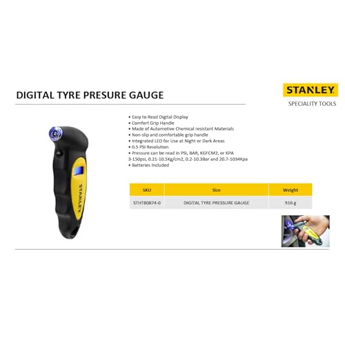 STANLEY Digital Tire Pressure Gauge With Digital Display, Yellow/Black Stht80874 0, 2 Years Warranty