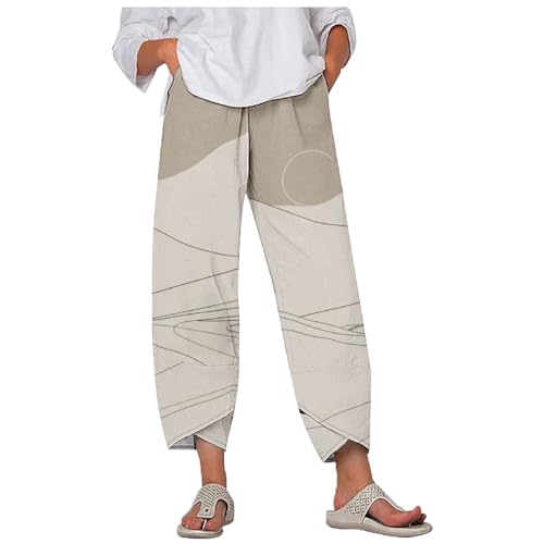 MARSVOVO Flowy Pants for Women Boho Fashion Cotton and Linen Wide-Leg Ladies Trousers Baggy Cropped Pants with Pockets