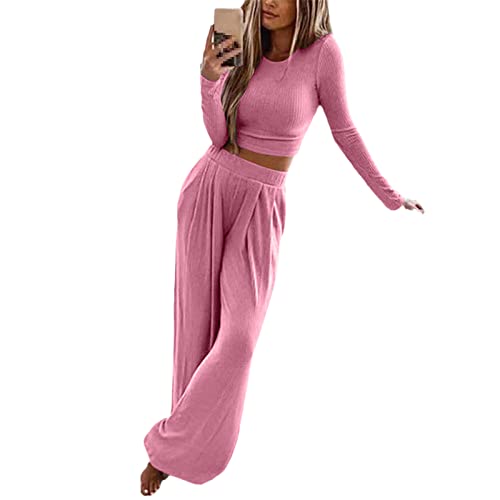 Autumn Women's Solid Knitted Casual Home Wear Slim Tops Two-Piece Wide Leg Pants Ladies Clothes Winter Fashion Suit