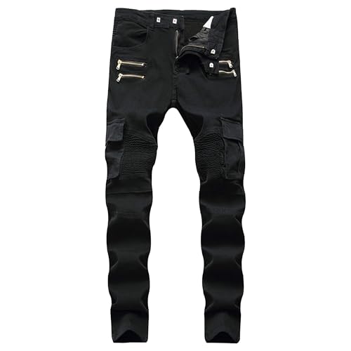 DGHM-JLMY Men's Biker Zipper Deco Washed Straight Fit Jeans Slim Fit Camo Jeans Comfort Stretch Pencil Jeans