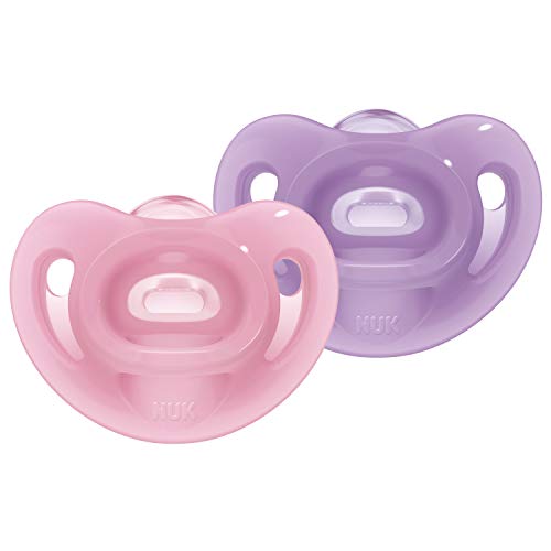NUK sucette bébé Sensitive, 0-6 mois, 100 % silicone, rose et violette, lot de 2