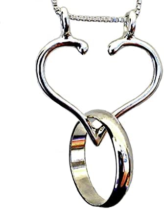Ring Holder Necklace by Ali C Art Sterling Silver Open Heart Pendant, Handmade in USA for Women's Rings. Keeper Jewelry Chains 18, 20, 24 inch. Wedding Engagement Gift Doctor Nurse Surgeon MD RN LPN