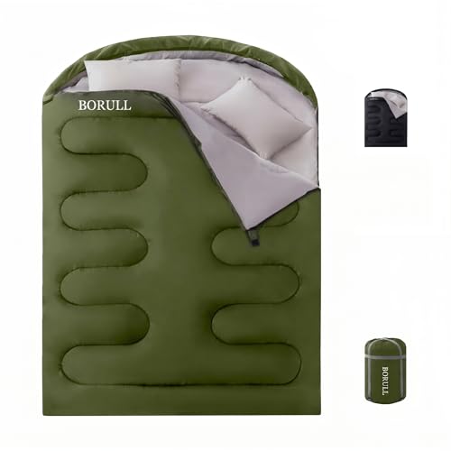 BORULL Double Sleeping Bags Queen Size for Adults Camping with 2 Pillows