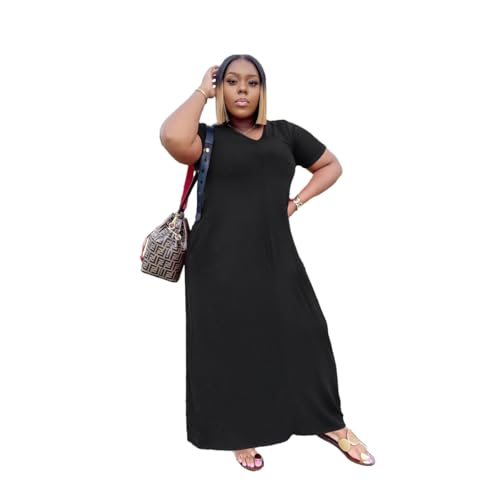 Image of TOPSRANI Womens Plus Size Maxi Dresses for Women Oversize Casual Short Sleeve V Neck Loose Plain Solid Trendy Summer Dress