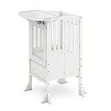 Guidecraft Kitchen Helper® Toddler Tower and Mealtime and Play Tray Bundle: Contemporary Ivory Folding, Adjustable Step Stool with Keepers, Non-Slip Mat and Easy to Clean, Detachable Tray Table
