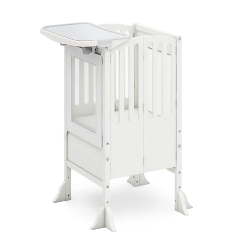 Guidecraft Kitchen Helper® Toddler Tower and Mealtime and Play Tray Bundle: Contemporary Ivory Folding, Adjustable Step Stool with Keepers, Non-Slip Mat and Easy to Clean, Detachable Tray Table
